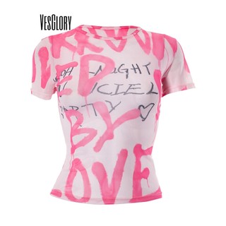 VesGlory Nữ Crop Top Thời Trang Màu Trơn In Chữ Cổ Tròn Slim Fit Áo Thun