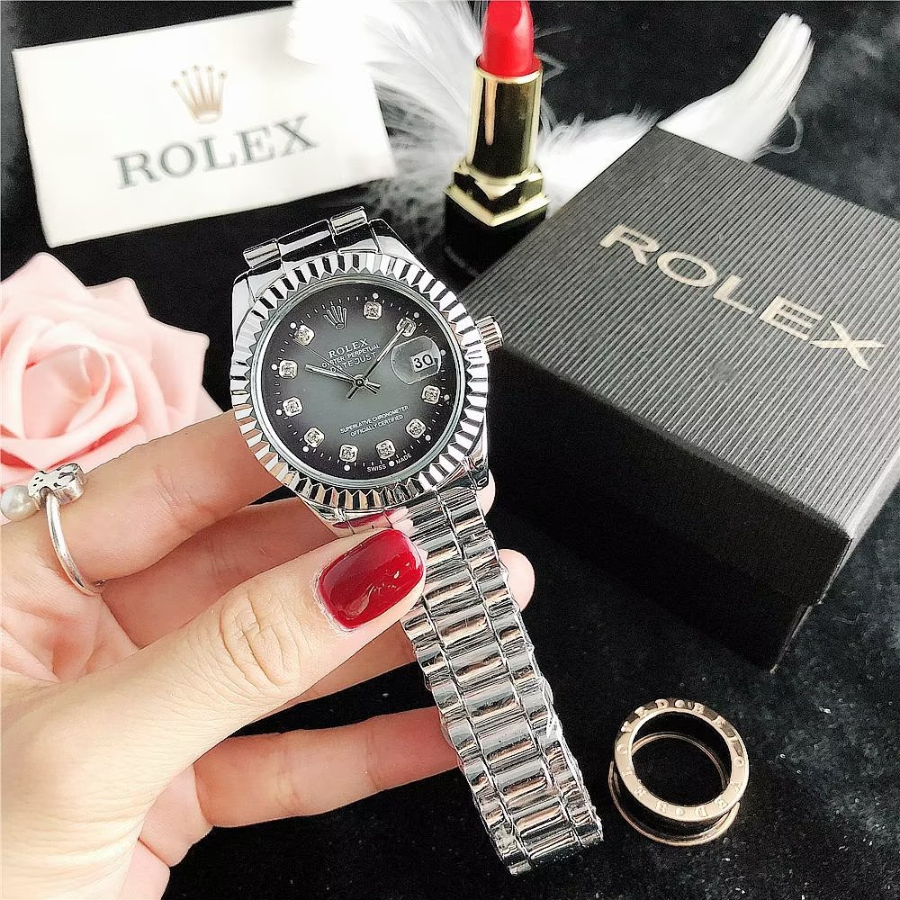 Đồng Hồ Rolex Mặt Tròn Đính Kim Cương Dây Da Thép Không Gỉ Thời Trang Cho Cặp Đôi