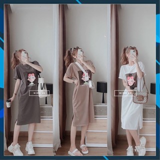 Đầm Suông In Hình Búp Bê Tay Ngắn Dài Qua Gối Dễ Thương , Đi Chơi , Đi Dạo Phố Đ065011w4