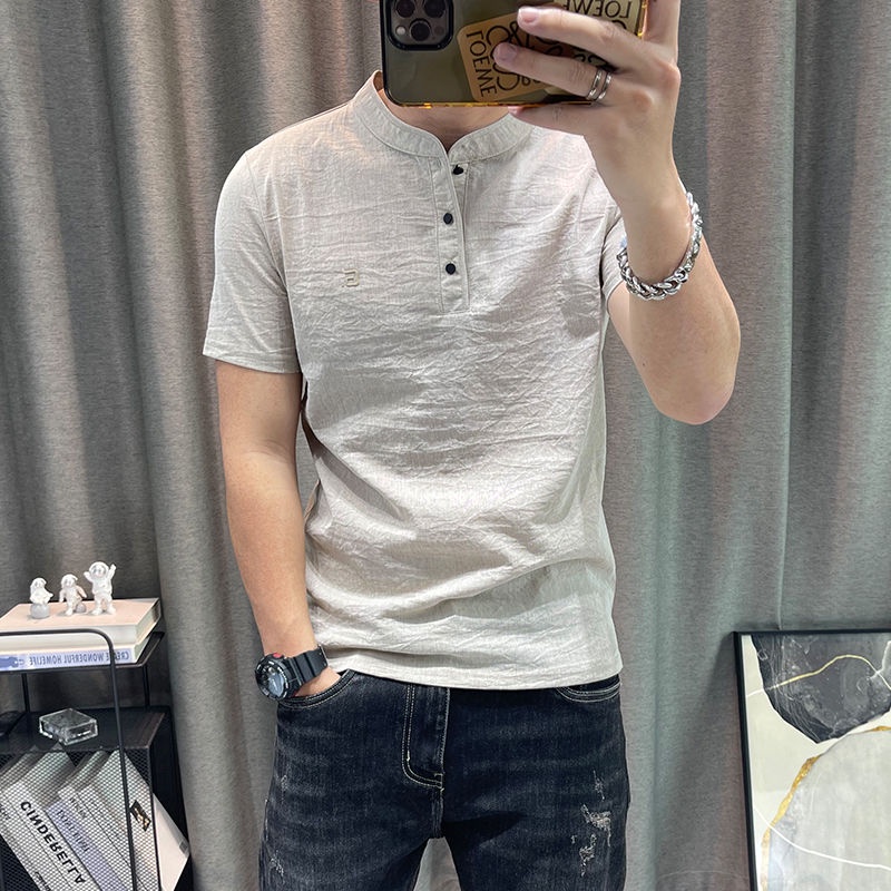 Áo Thun Polo Cotton Lanh Mỏng Ôm Dáng Cổ Đứng Tay Ngắn Phong Cách Hong Kong Cho Nam