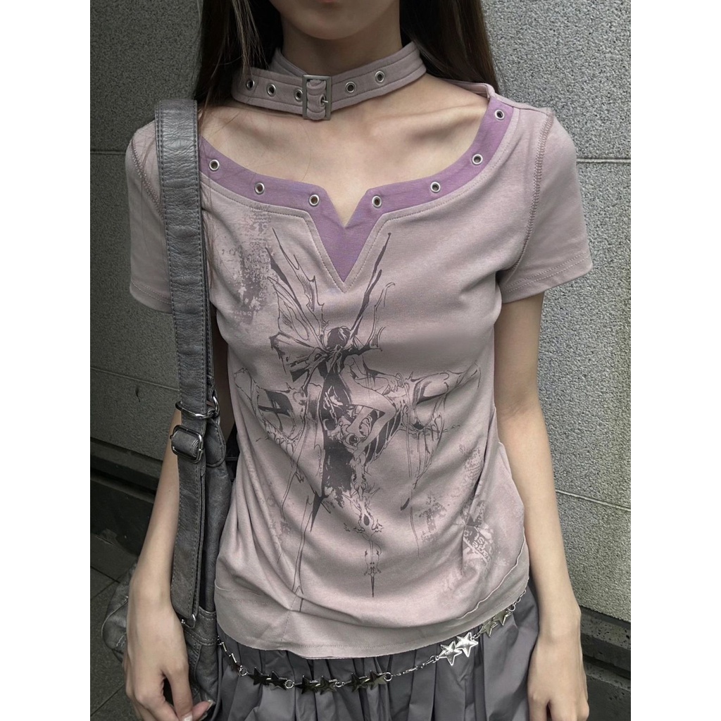 Áo Thun Tay Ngắn Cổ Chữ v Màu Xám Tím Phong Cách Mỹ Thời Trang Mùa Hè Cho Nữ