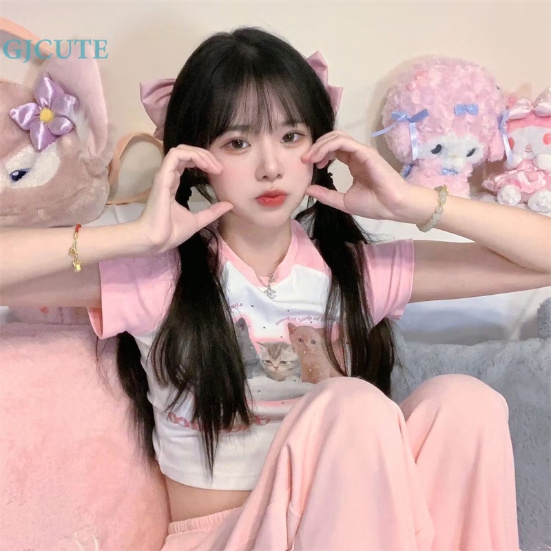 Áo thun croptop GJCUTE tay raglan ngắn dáng ôm cổ tròn họa tiết mèo hoạt hình thời trang mùa hè cho nữ