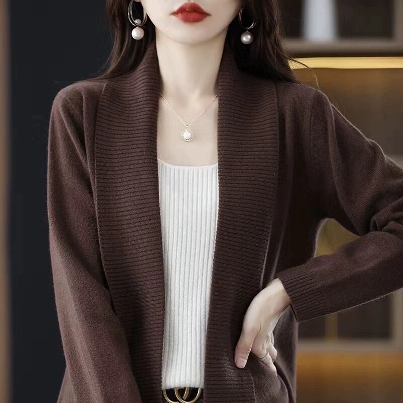 Multiplication cashmere cardigan nữ 2023 mùa thu phong cách mới ve áo rời dệt kim dài tay all-match mỏng hơn nhìn bên ngoài mặc mồ hôi