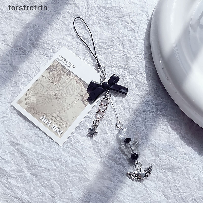 Forstretrtn gothic black bowknot phone lanyard y2k metal phone strap for girls fashion cellphone chains key mặt dây chuyền en