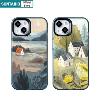 Suntaiho Ốp lưng iphone mẫu tranh phong cảnh tương thích đơn giản ốp iphone silicon cho iphone 11 Pro max 7 8 plus xr 14 13 12 Pro max ip 7 8 plus x xs max bảo vệ ống kính khung đen nắp tpu mềm