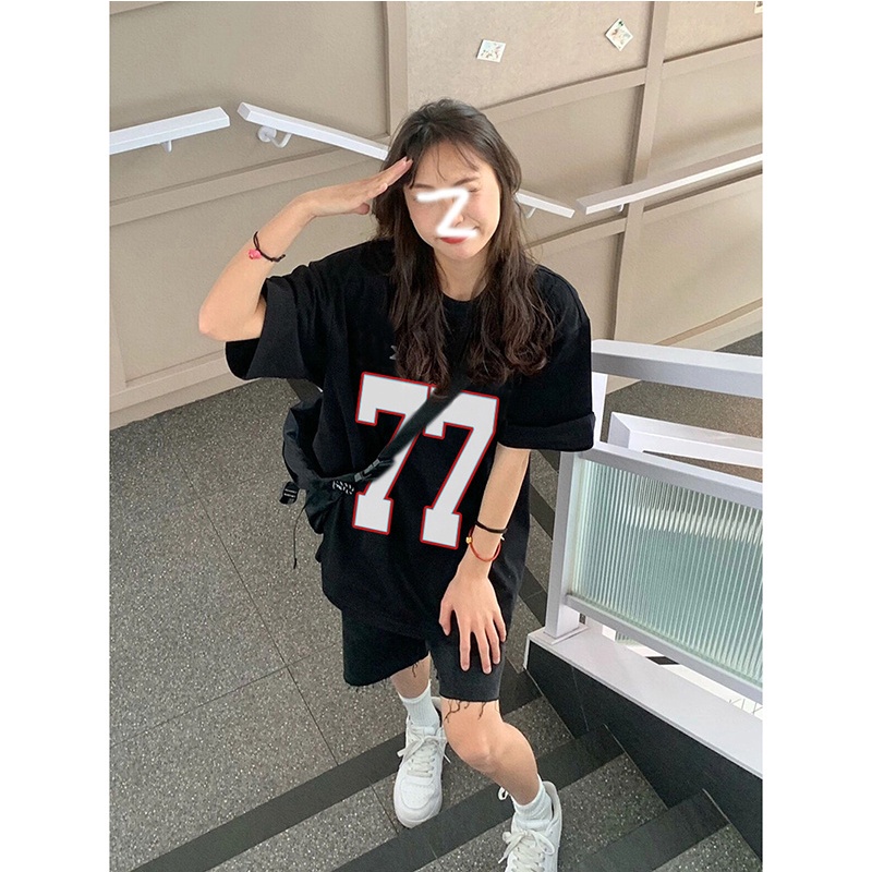 Áo thun FASHMILY 100% cotton dáng rộng tay ngắn họa tiết 77 phong cách Hàn Quốc thời trang mùa hè dành cho nữ