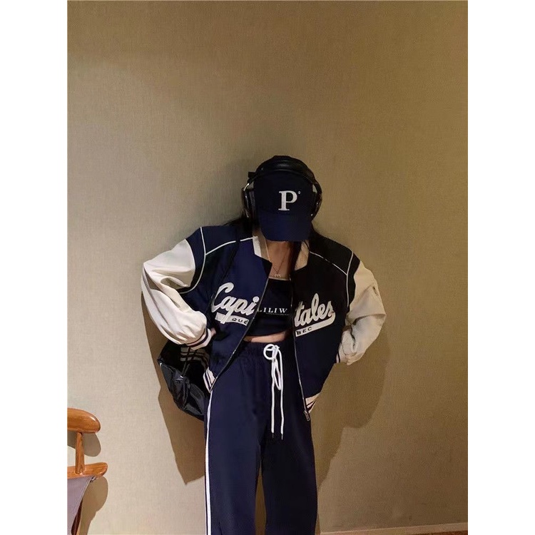 Áo Khoác Bóng Chày Tay Dài Có Khóa Kéo Màu Sắc Tương Phản Phong Cách Retro Mỹ 2023 Cho Nữ