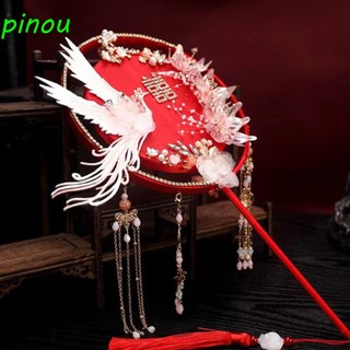 Quạt cô dâu phong cách trung quốc pinou, quạt tròn phoenix thêu tay, sản phẩm hoàn thiện sang trọng tay cầm dài trang phục thủ công