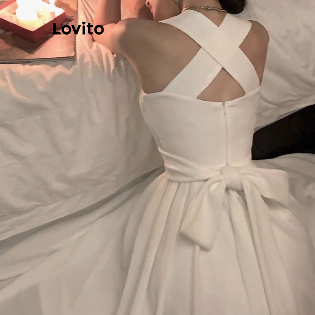 Đầm Lovito phối dây chéo cột nơ lưng màu trơn thường ngày cho nữ LNA19217