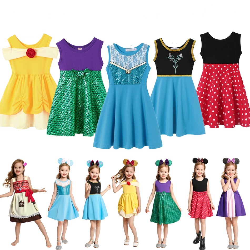 Trẻ em mùa hè ăn mặc giản dị disney công chúa băng giá elsa anna cô gái quần áo vestido rapunzel snow white moana brithday party costume