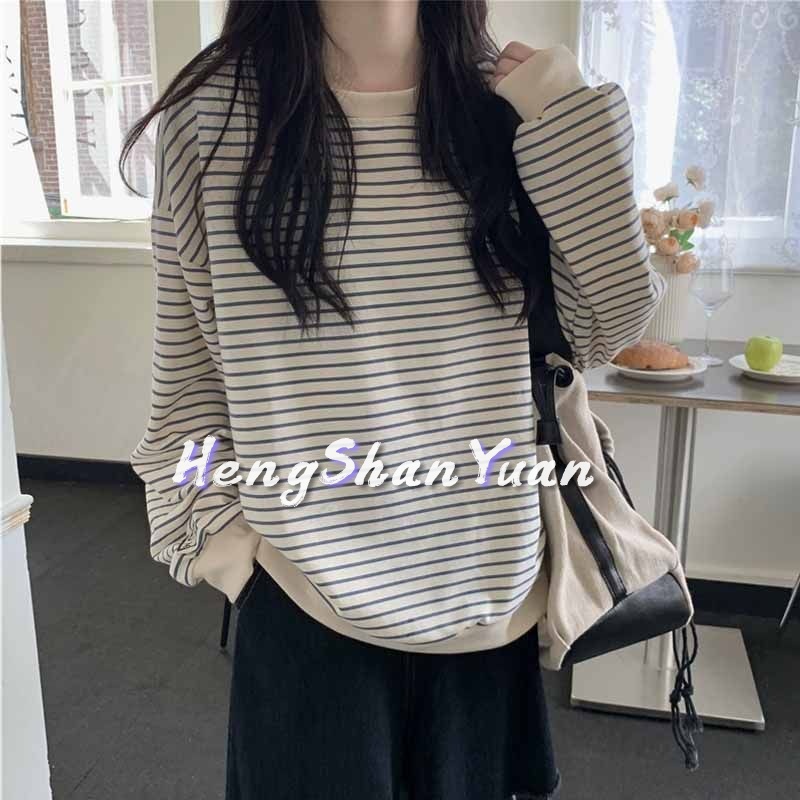Áo thun HENG SHAN YUAN tay dài dáng rộng họa tiết sọc ngang đơn giản thời trang