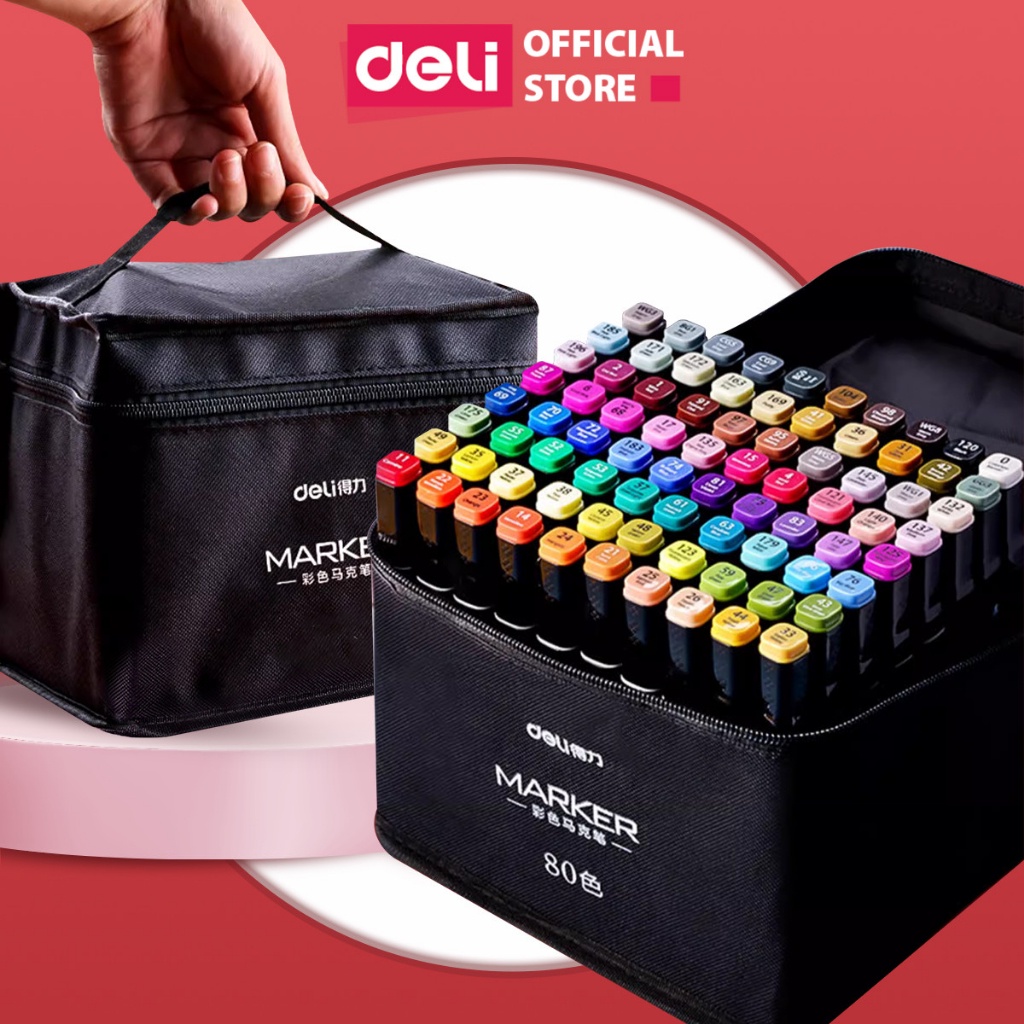 Bút màu dạ marker chuyên nghiệp Deli kèm túi vải họa cụ vẽ tranh cao cấp 30/40/60/80 màu - Học sinh, họa sĩ, thiết kế