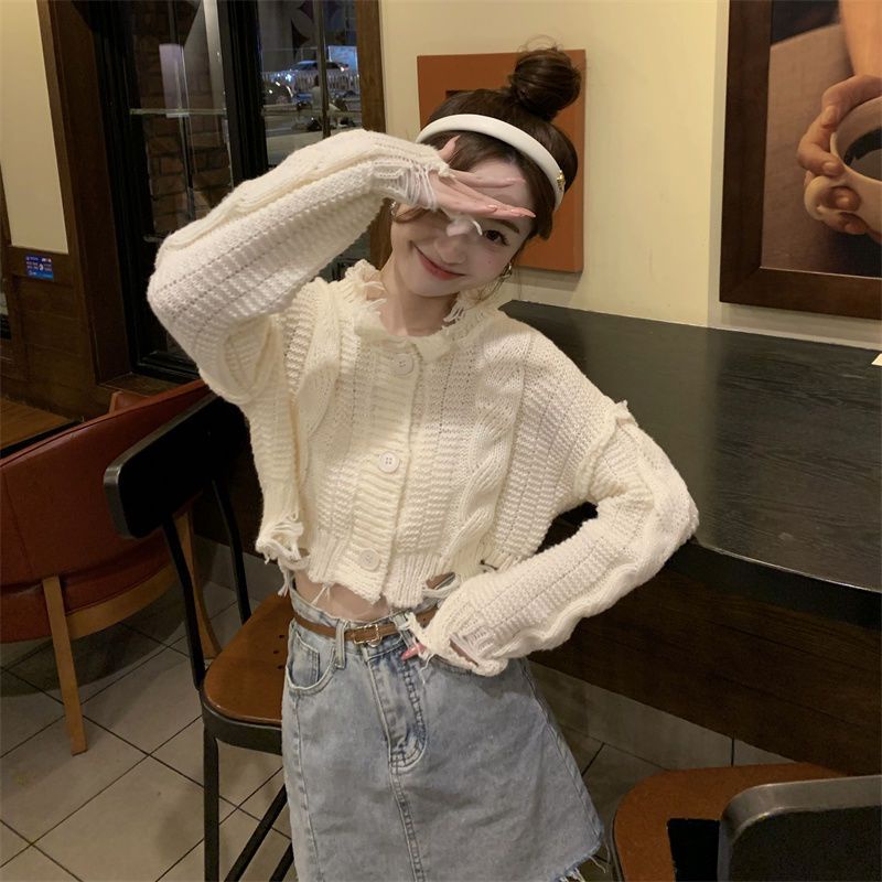 Tua plain torn cardigan edge sweet korean knit cardigan