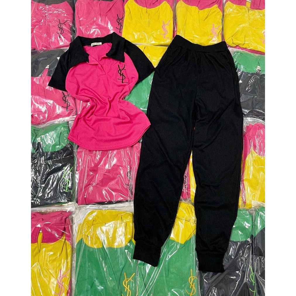 Set bộ D80248 quần dài bo chun, áo from ôm cổ sơ mi thêu chữ Y. S. L freesize 40kg-53kg
