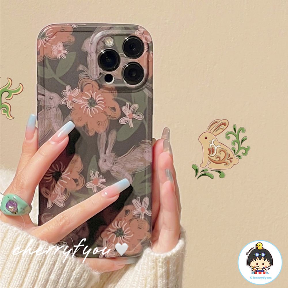 Ốp Điện Thoại IMD Mềm Bảo Vệ Ống Kính Họa Tiết Thỏ Và Hoa Sơn Dầu Cổ Điển Dành Cho IPhone 11 12 13 14 Pro Max