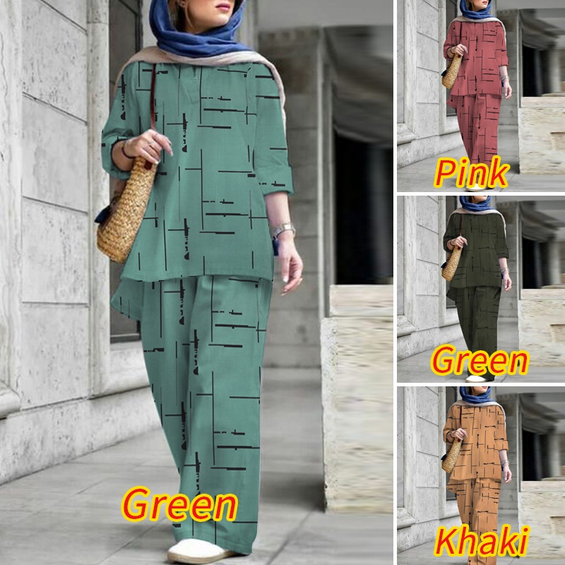 ZANZEA Set Áo Thun Ngắn Tay Cổ Chữ V + Quần Dài Lưng Thun Ống Rộng Thời Trang Nữ