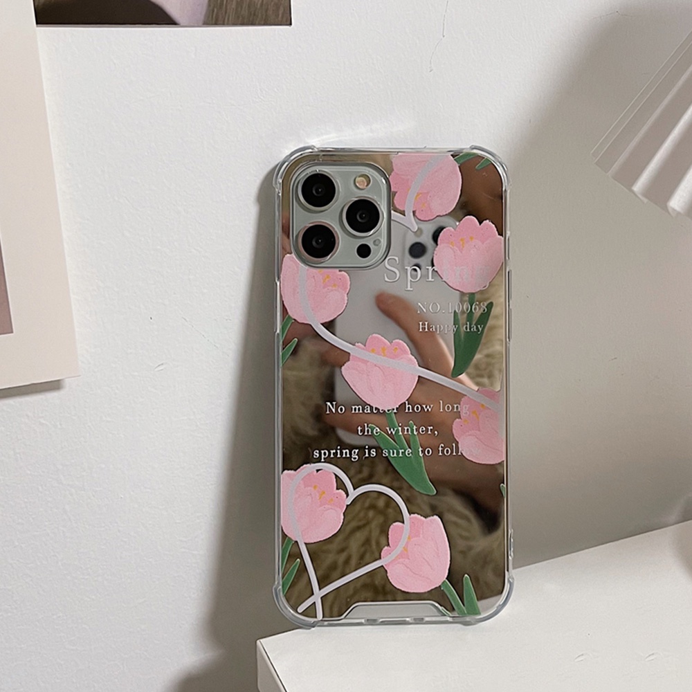 Ốp Điện Thoại TPU Dẻo Gắn Gương Trang Điểm In Hình Hoa Tulip Cho IPhone 13 12 11 Pro Max XS XR 8 7 Plus