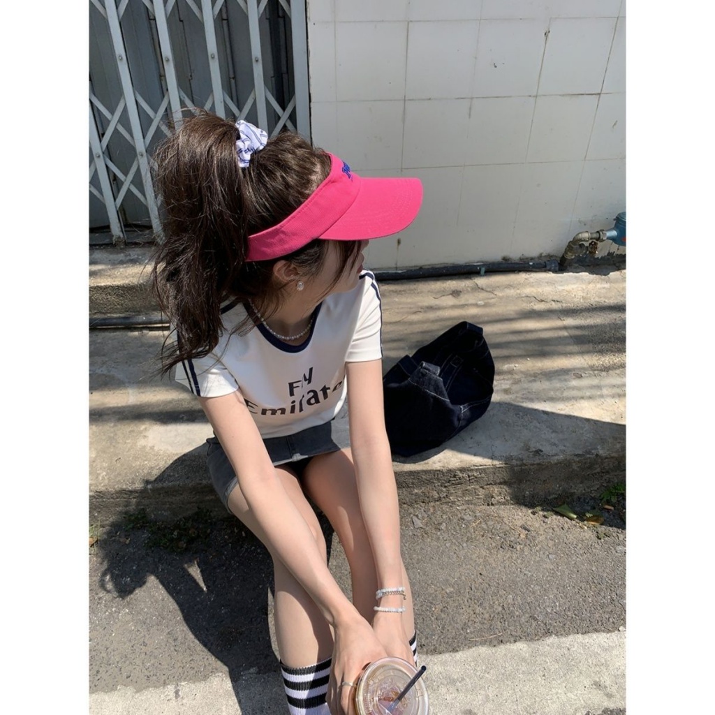 Áo Thun Ngắn Tay Phối Dây Rút In Chữ Thời Trang Mùa Hè 2023 Mới Cho Nữ