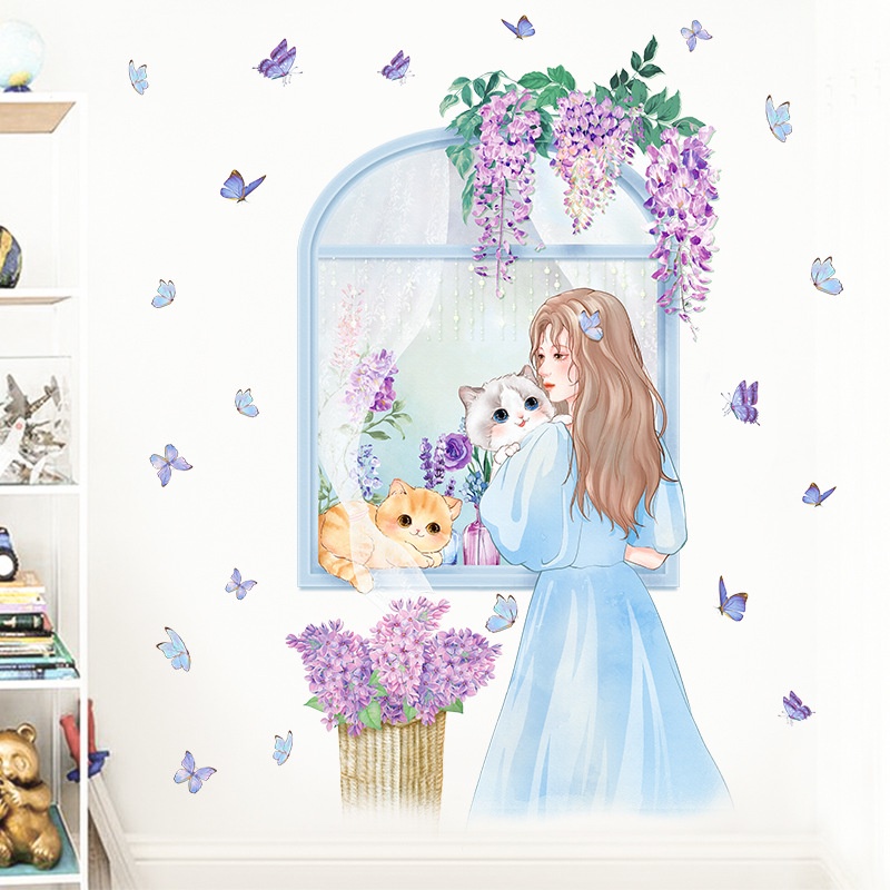 Giấy Dán Tường Hình Mèo Hoạt Hình Trang Trí Phòng Bé Gái