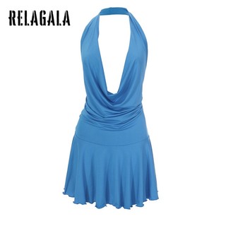 RelaGala Thời Trang Nữ Chắc Chắn Cắt Cổ Xoay Lưng Ruffle Slim Dress