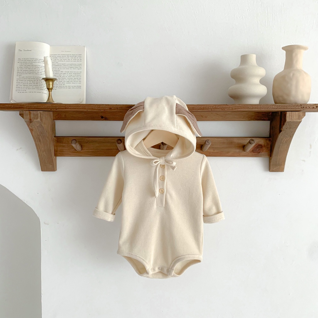 Bộ Áo Liền Quần Cotton Tay Ngắn Có Mũ Trùm Tai Thỏ Dễ Thương Cho Bé Trai + Gái