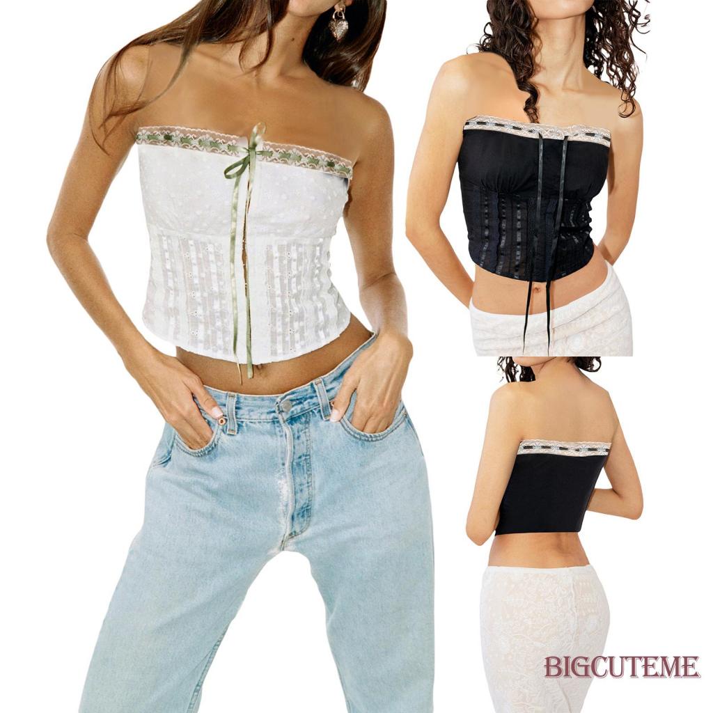 [] - Áo Ống Sát Nách Dạng Ống Buộc Dây Phía Trước Có Khóa Cài Trung Tâm Cho Nữ