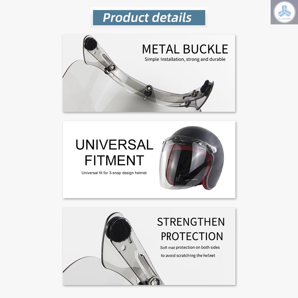 Open Face Helmet Visor Motorcycle Helmet Bubble Lens 3-Snap Bubble Wind Shield Visor