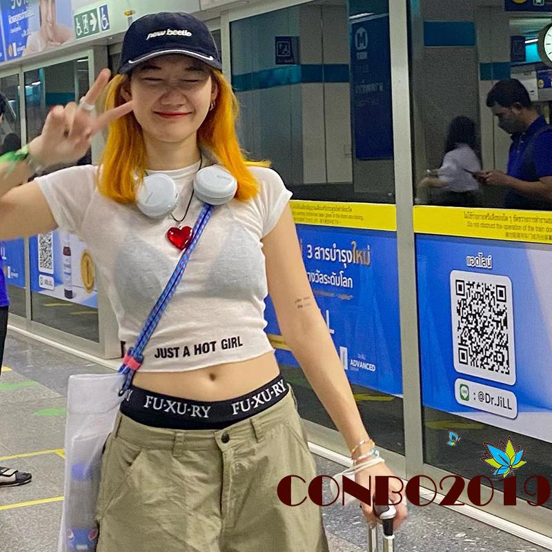 Áo Thun Crop Top Tay Ngắn Cổ Tròn In Chữ Nhìn Xuyên Thấu Thời Trang Mùa Hè Cho Nữ