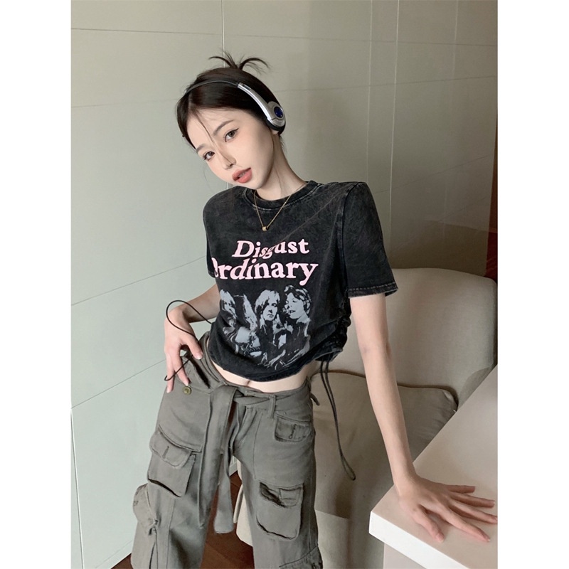 Áo Thun Tay Ngắn Phối Dây Rút In Họa Tiết Phong Cách Cổ Điển Thời Trang Mùa Hè Xinh Xắn Cho Nữ