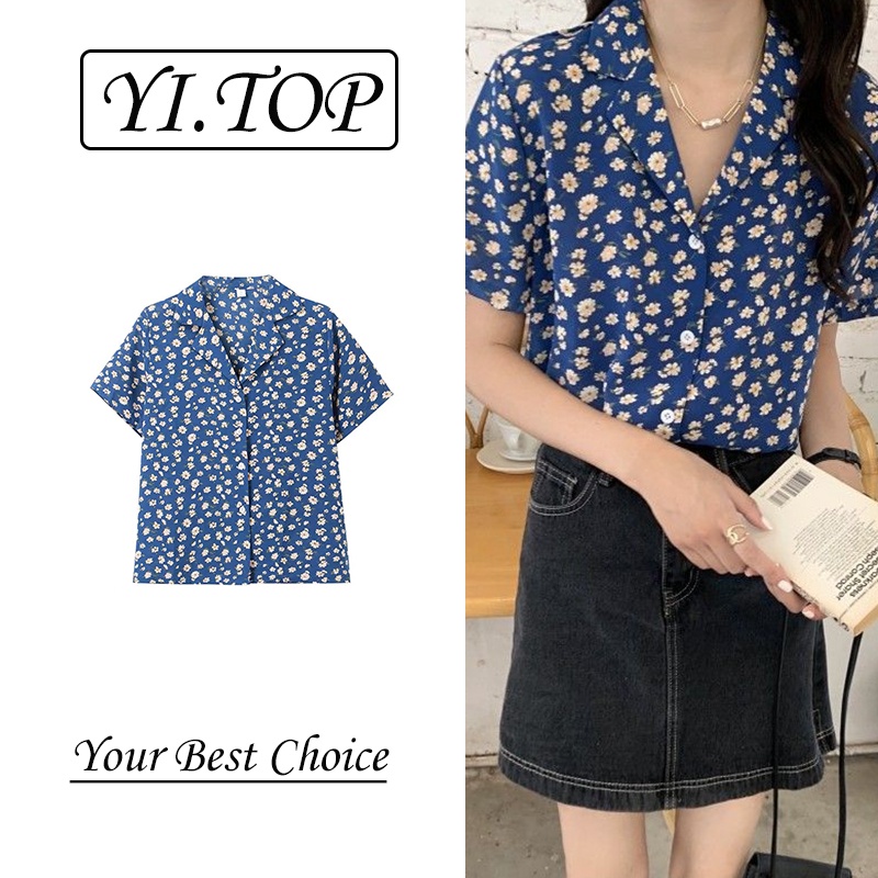 Áo Sơ Mi Hoa Ngắn Tay Thời Trang Retro Pháp Dành Cho Nữ