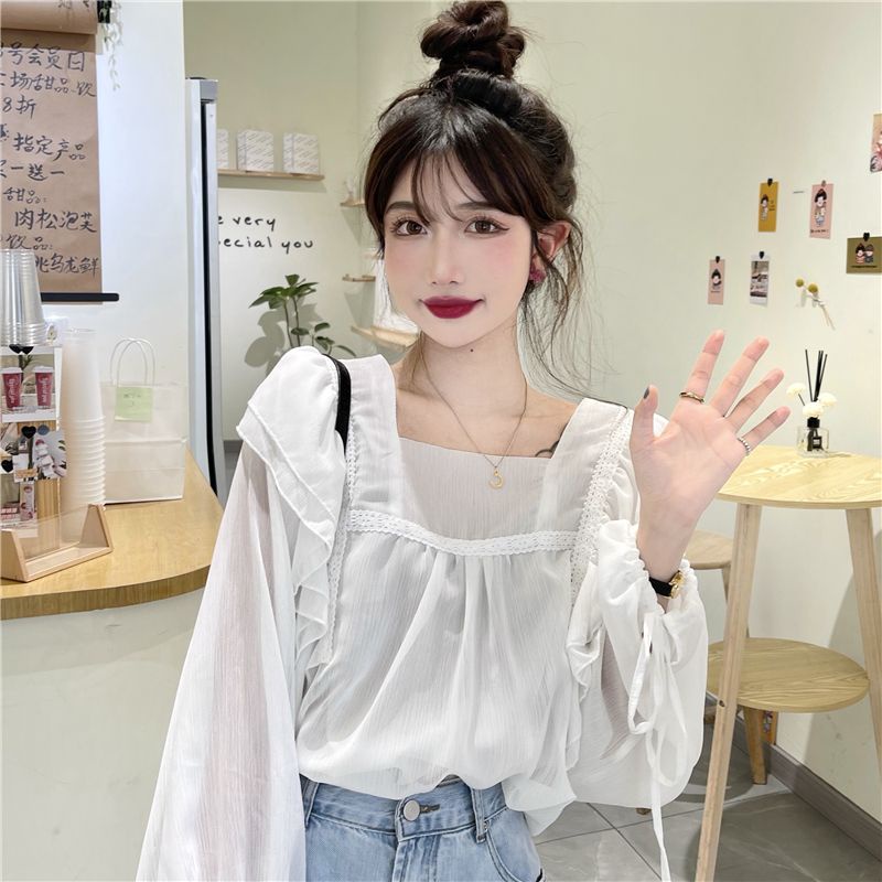 IELGY Áo Sơ Mi Dài Tay Cổ Vuông Phối Bèo Ngọt Ngào Thời Trang Cho Nữ