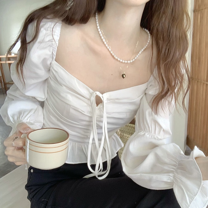 IELGY Áo Croptop Cổ Vuông Tay Phồng Phong Cách Pháp Cổ Điển Thời Trang Cho Nữ