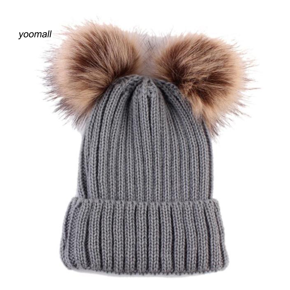 Mũ Beanie Đan Len Đính Quả Bông Mềm Mại Giữ Ấm Mùa Đông Cho Bé Trai / Gái