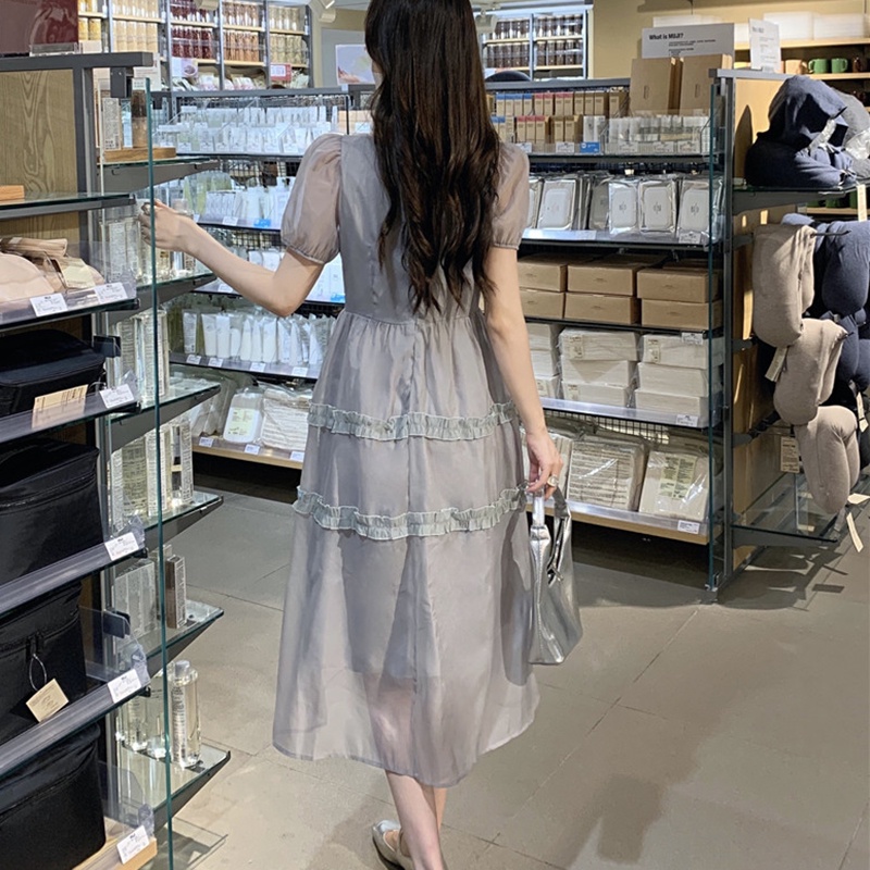 IELGY   Đầm Eo Cao Phối Ren Mỏng Màu Trơn Phong Cách IELGY    mori Dành Cho Nữ