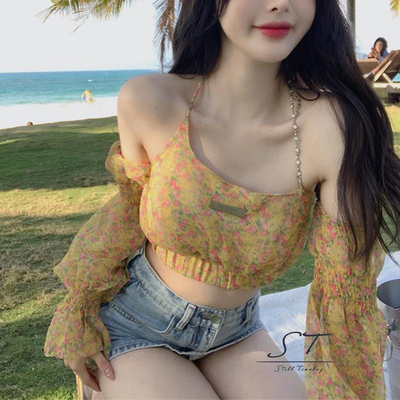 Áo Croptop Trễ Vai Tay Dài In Họa Tiết Hoa Thời Trang Quyến Rũ Cho Nữ