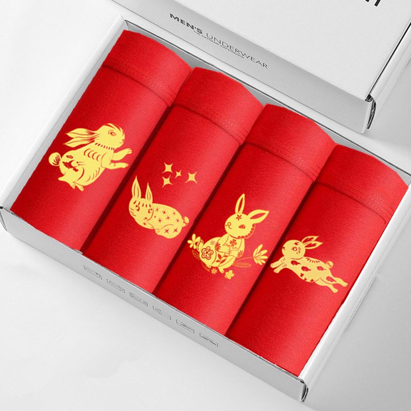 Bộ 4 Quần Lót Boxer Cotton Thoáng Khí In Hình Thỏ Đỏ Cá Tính Cho Nam