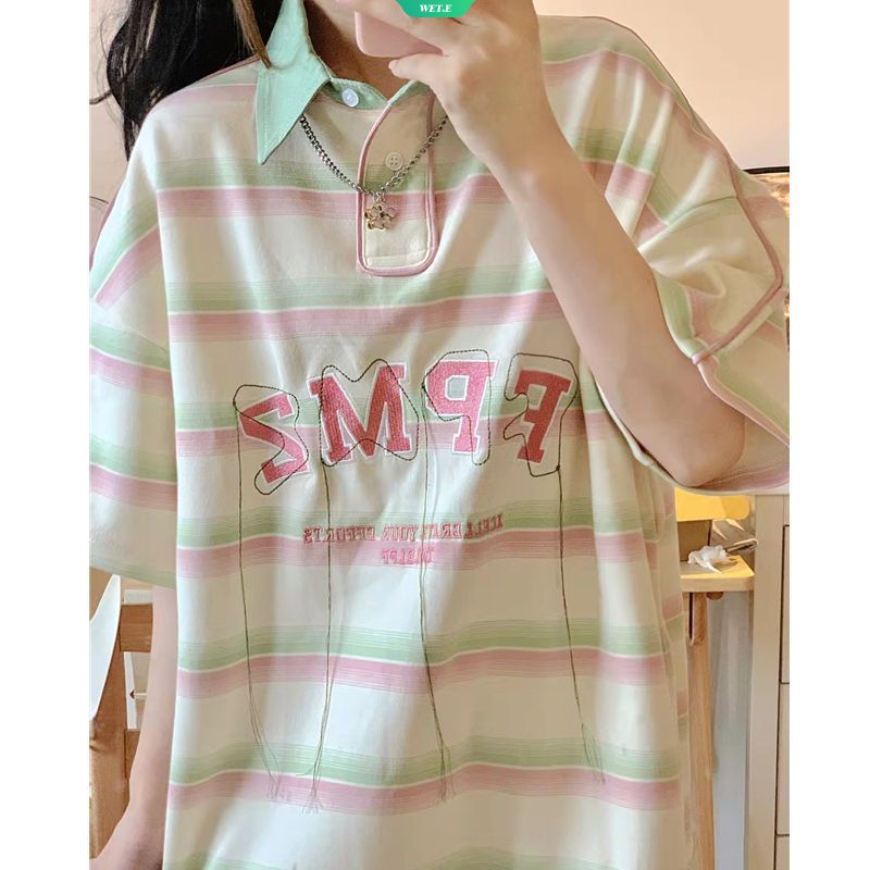 Áo polo Tay Ngắn Dáng Rộng Họa Tiết Kẻ Sọc Thời Trang Mùa Hè 2023 Cho Nữ