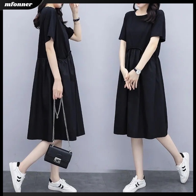 Đầm Chữ A Tay Ngắn Cổ Tròn Màu Sắc Đơn Giản Thanh Lịch Dành Cho Nữ