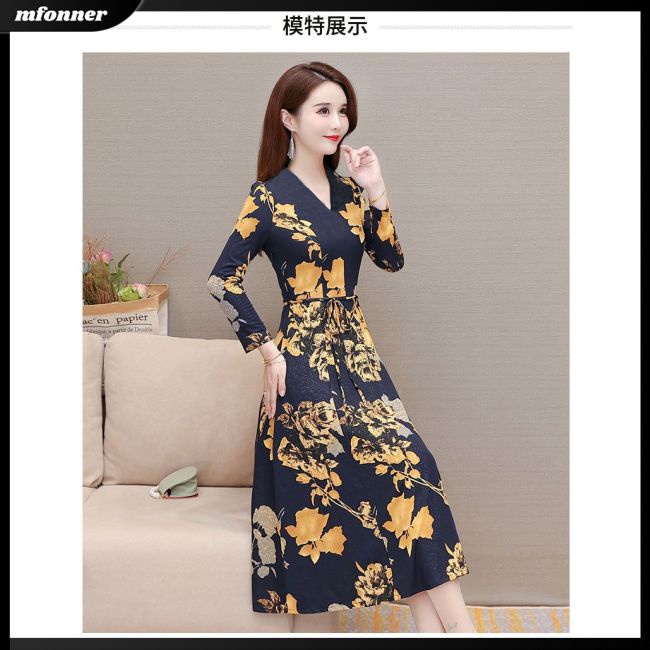 Đầm Dài Tay Cổ Chữ V Họa Tiết Hoa Ngọt Ngào Thanh Lịch Cho Nữ