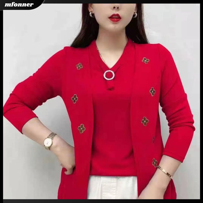 Áo Sweater Giả Hai Lớp Dáng Rộng Tay Dài In Hình Cây Cối Màu Trơn Thời Trang Cho Nữ