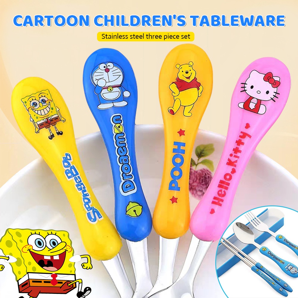 Bộ Ba Món Thìa Dĩa Đũa Bằng Thép Không Gỉ Cho Trẻ Em Hình Doraemon/Hellokitty Hoạt Hình Bộ Dao Kéo Trẻ Em