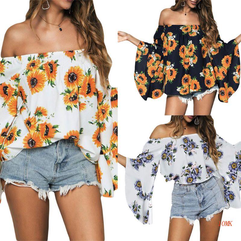 Áo Kiểu Trễ Vai In Họa Tiết Hoa Hướng Dương Thời Trang Mùa Hè 2019 Cho Nữ