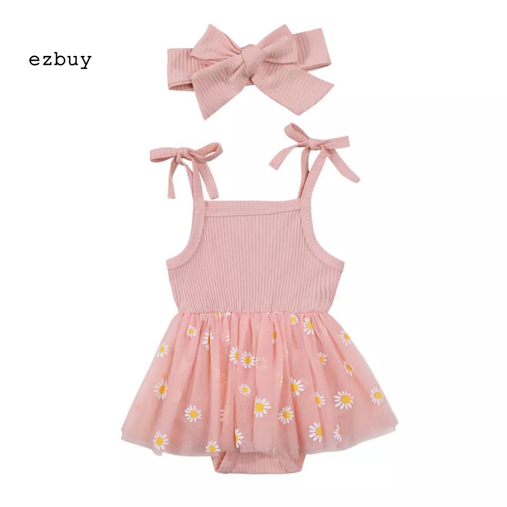 [EY] Bộ Áo Liền Quần Màu Trơn Thắt Nơ In Hoa Phối Lưới Kèm Băng Đô Cài Tóc Cho Bé Gái