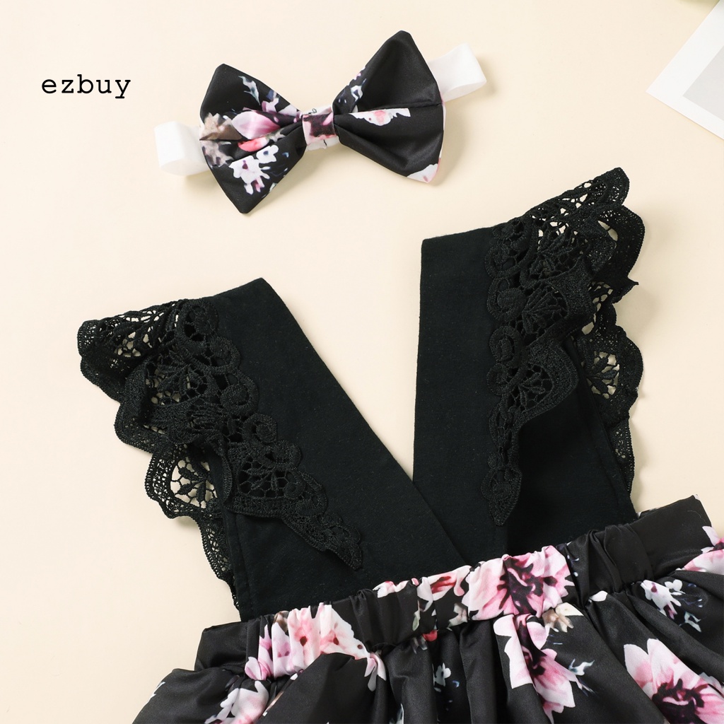 Bộ Đầm Liền Thân Bằng Cotton Họa Tiết Hoa Kèm Băng Đô Thanh Lịch Dành Cho Bé Gái