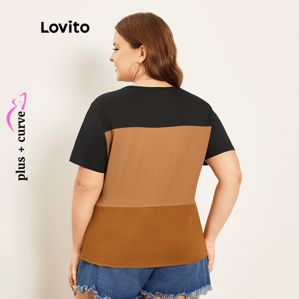 Áo thun Lovito ghép vải ghép nối màu trơn thường ngày tôn đường cong size lớn cho nữ LPS07088 (Nhiều màu)