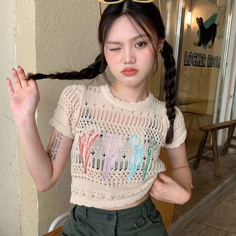 Áo Thun Lửng Đan Len Họa Tiết Hoa Thời Trang Cho Nữ