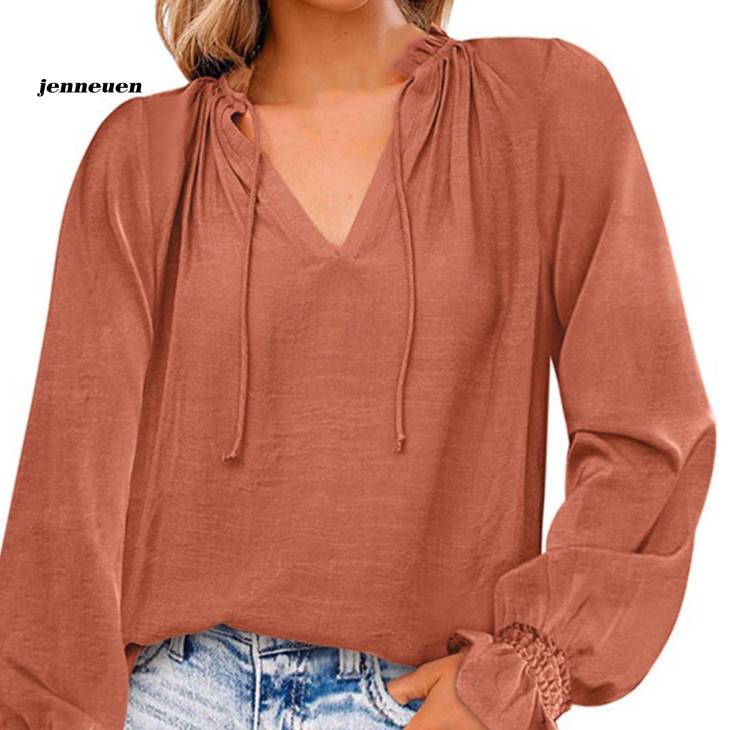 Áo Sơ Mi Voan Tay Dài Phồng Cổ Chữ V Màu Trơn Thắt Dây Phía Trước Kiểu Dáng Đơn Giản Cho Nữ