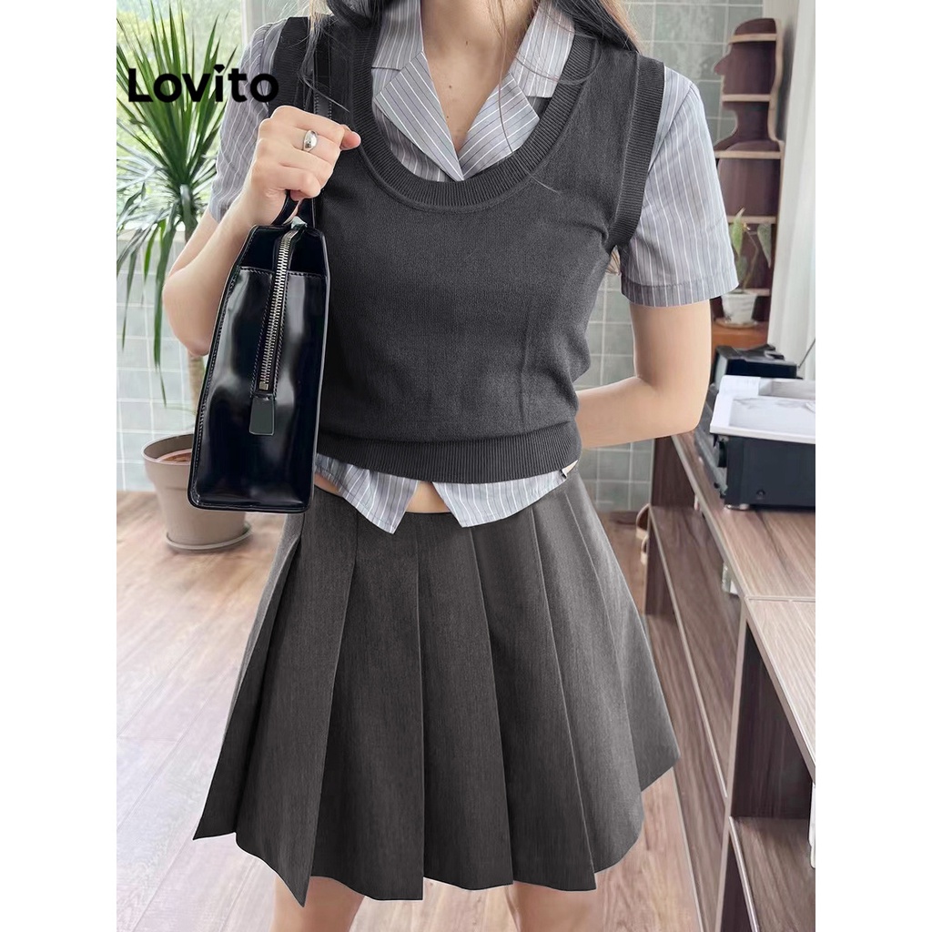 Lovito Bộ Váy Ngắn Tay Cổ Xếp Ly Có Dây Kéo Trơn Cho Nữ L49AD086 (Kaki)
