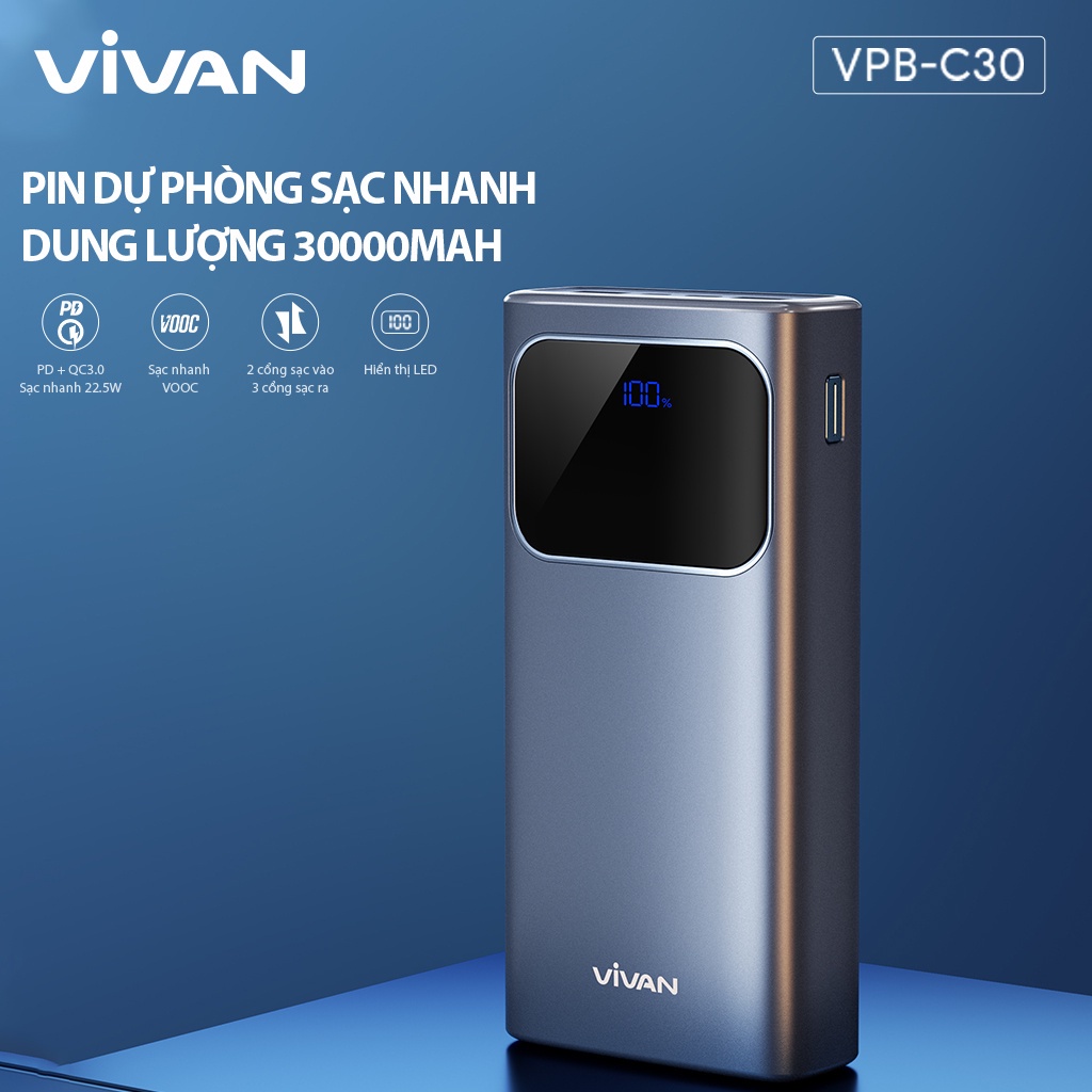 Pin dự phòng sạc nhanh VIVAN VPB-C30 Xanh 30000mAh Hiển thị đèn LED PD+QC3.0 22.5W- bảo hành 12 tháng