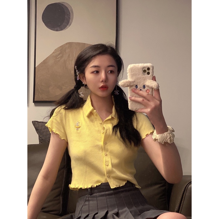 Áo Thun Polo Dệt Kim Tay Ngắn Dáng Rộng Thêu Họa Tiết Xinh Xắn Thời Trang Mùa Hè Phong Cách Hàn Quốc Cho Nữ